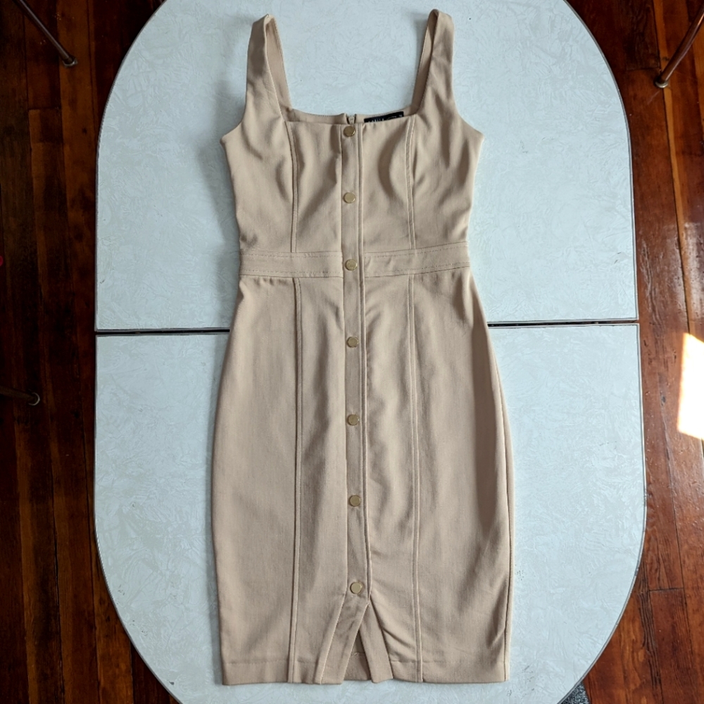 Tan Bodycon Button Front Dress